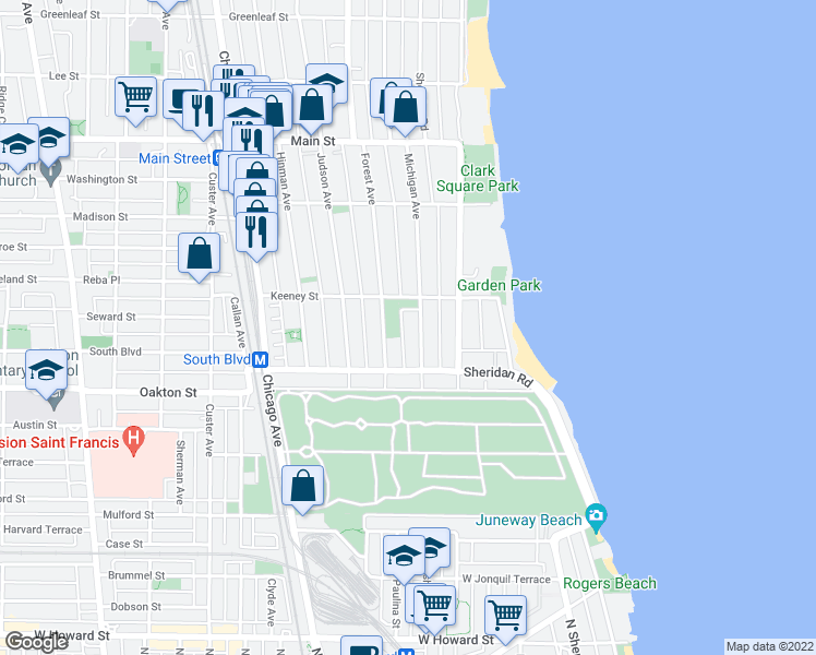 map of restaurants, bars, coffee shops, grocery stores, and more near 606 Michigan Avenue in Evanston