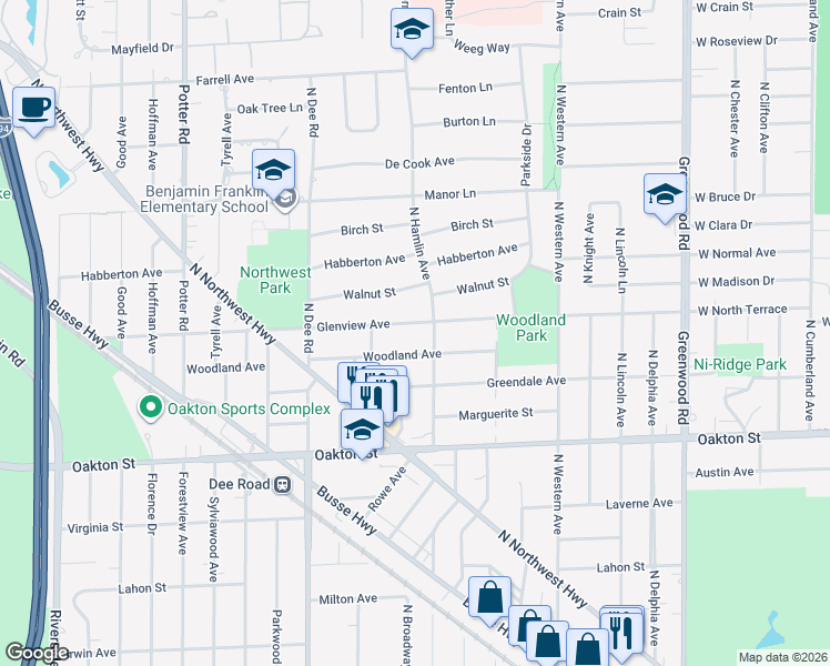 map of restaurants, bars, coffee shops, grocery stores, and more near 1901 Glenview Avenue in Park Ridge