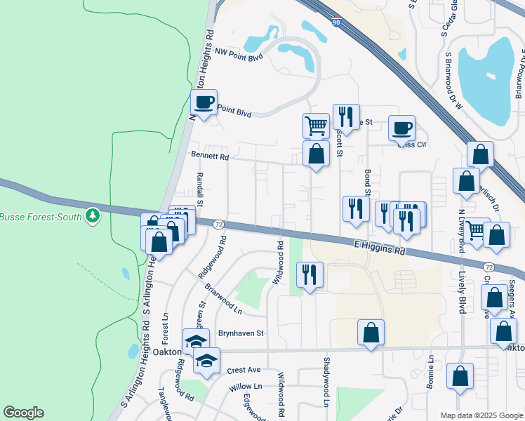 map of restaurants, bars, coffee shops, grocery stores, and more near 45 Gordon Street in Elk Grove Village