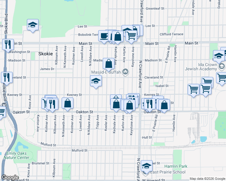 map of restaurants, bars, coffee shops, grocery stores, and more near 8112 Kedvale Avenue in Skokie