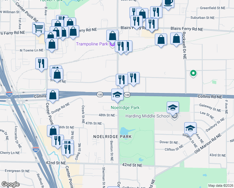 map of restaurants, bars, coffee shops, grocery stores, and more near 1599 Collins Road Northeast in Cedar Rapids