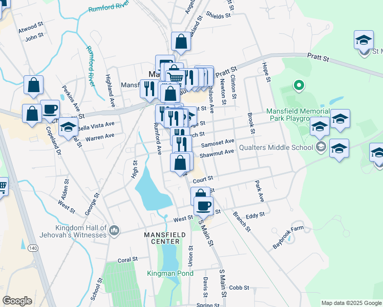 map of restaurants, bars, coffee shops, grocery stores, and more near 26 Bristol Street in Mansfield
