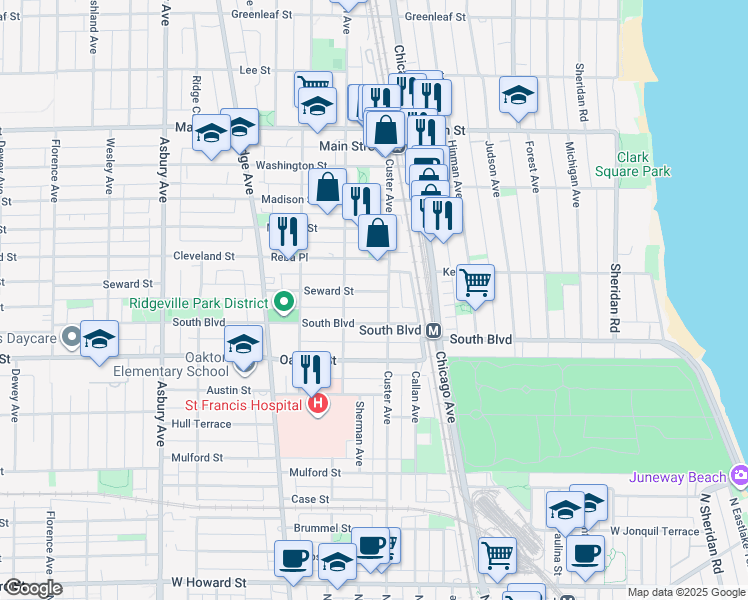 map of restaurants, bars, coffee shops, grocery stores, and more near 710 Seward Street in Evanston