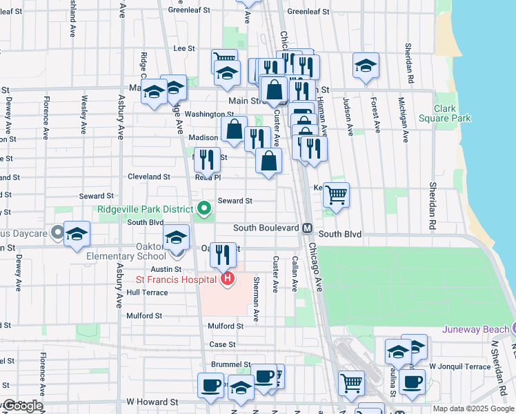 map of restaurants, bars, coffee shops, grocery stores, and more near 710 Seward Street in Evanston