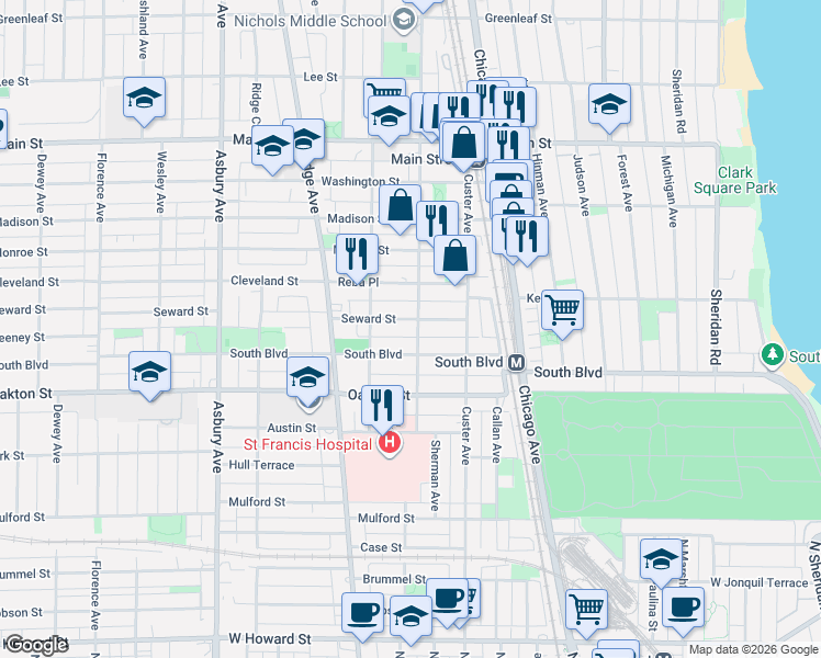 map of restaurants, bars, coffee shops, grocery stores, and more near 552 Sherman Avenue in Evanston