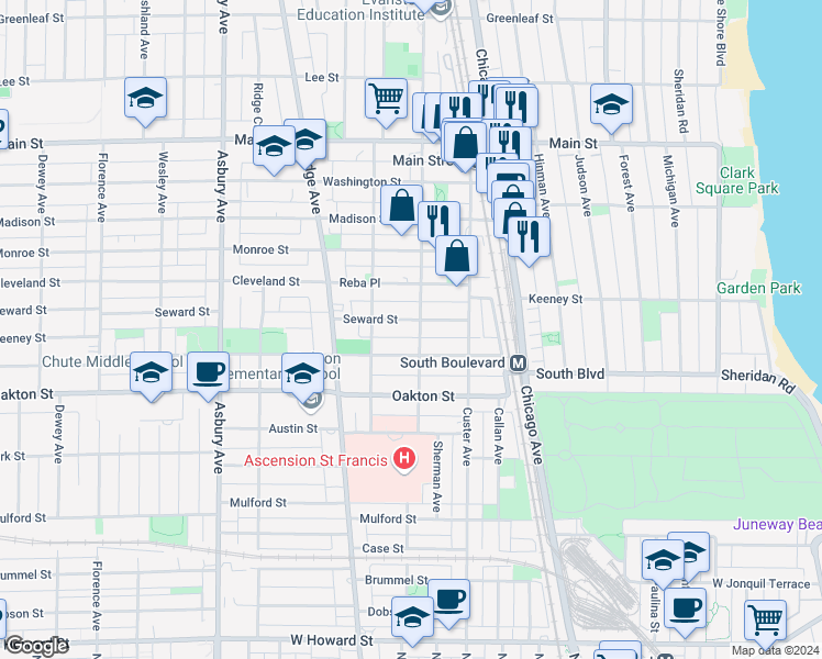 map of restaurants, bars, coffee shops, grocery stores, and more near 802 Seward Street in Evanston