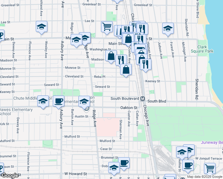 map of restaurants, bars, coffee shops, grocery stores, and more near 800 Seward Street in Evanston