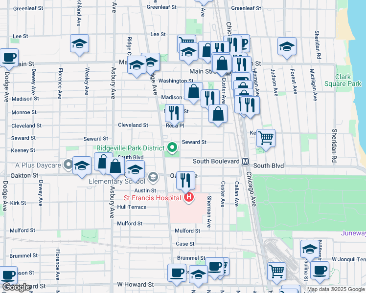 map of restaurants, bars, coffee shops, grocery stores, and more near 832 Seward Street in Evanston