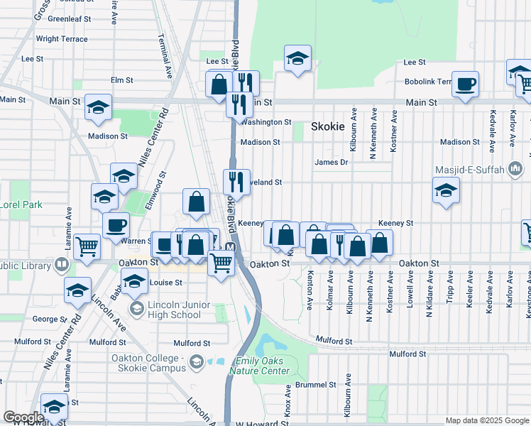 map of restaurants, bars, coffee shops, grocery stores, and more near 8112 Kilpatrick Avenue in Skokie