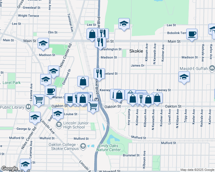 map of restaurants, bars, coffee shops, grocery stores, and more near 8112 Kilpatrick Avenue in Skokie