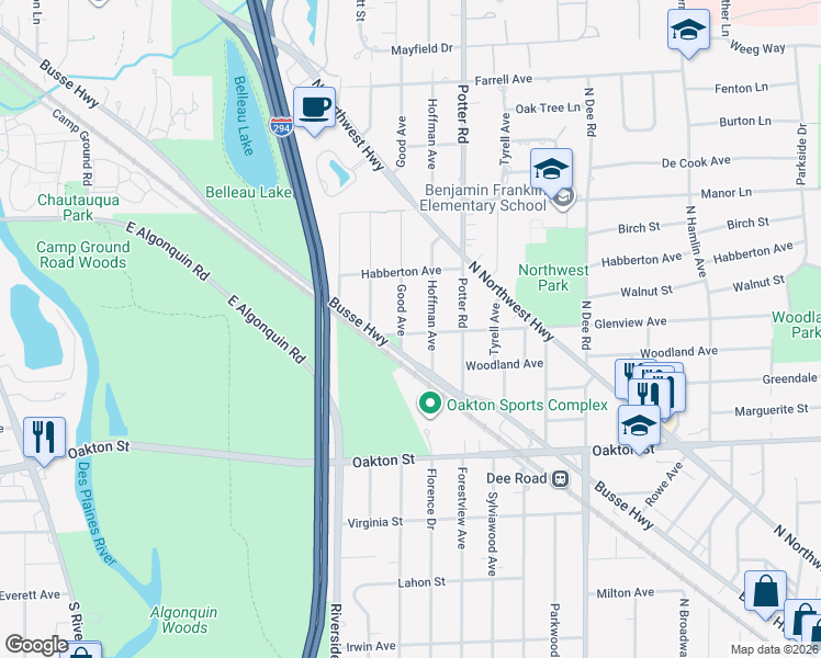 map of restaurants, bars, coffee shops, grocery stores, and more near 1200 Good Avenue in Park Ridge