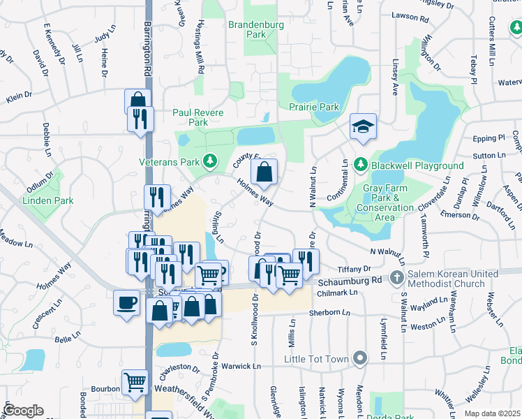 map of restaurants, bars, coffee shops, grocery stores, and more near 2317 Holmes Way in Schaumburg