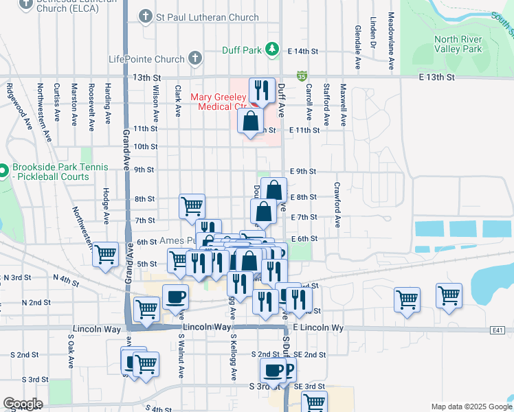 map of restaurants, bars, coffee shops, grocery stores, and more near 714 Douglas Avenue in Ames