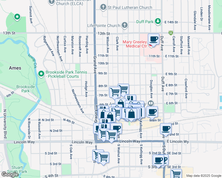 map of restaurants, bars, coffee shops, grocery stores, and more near 716 Wilson Avenue in Ames