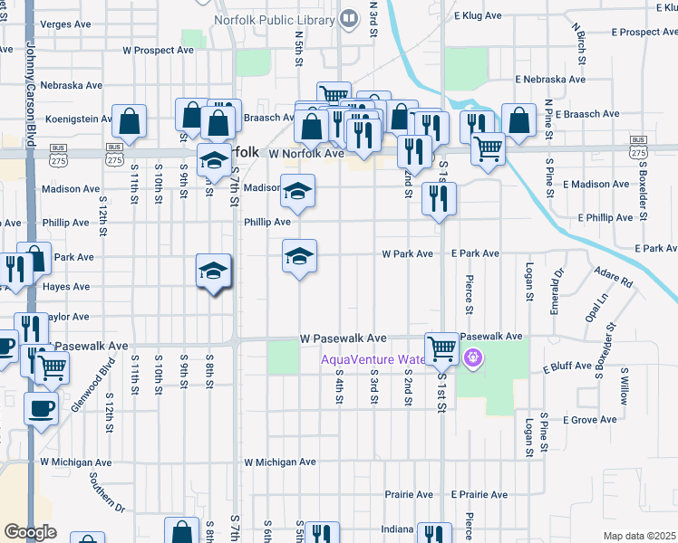 map of restaurants, bars, coffee shops, grocery stores, and more near 409 South 4th Street in Norfolk