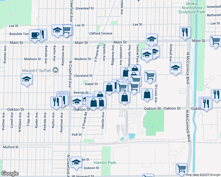map of restaurants, bars, coffee shops, grocery stores, and more near 8111 Hamlin Avenue in Skokie