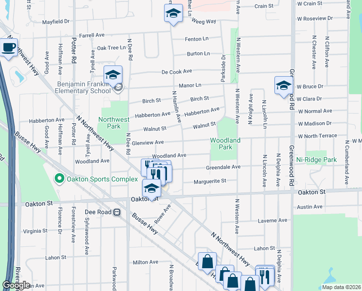 map of restaurants, bars, coffee shops, grocery stores, and more near 1901 Glenview Avenue in Park Ridge