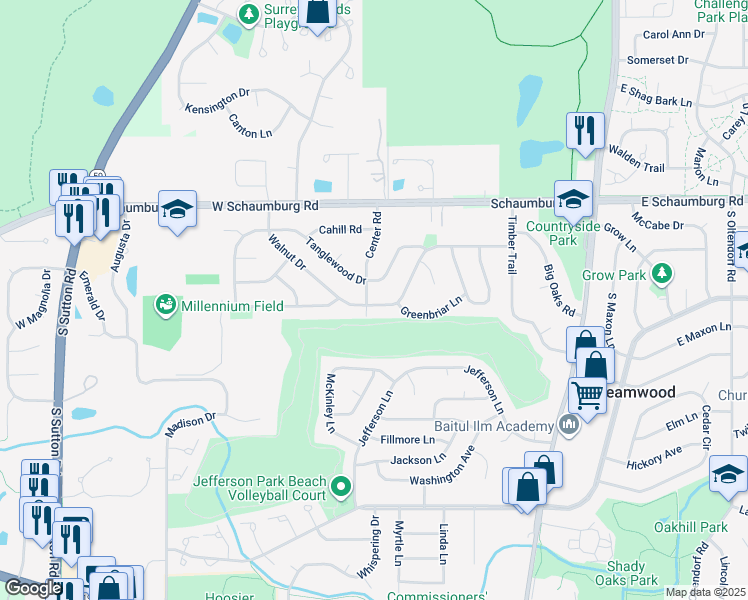 map of restaurants, bars, coffee shops, grocery stores, and more near 322 Walnut Drive in Streamwood