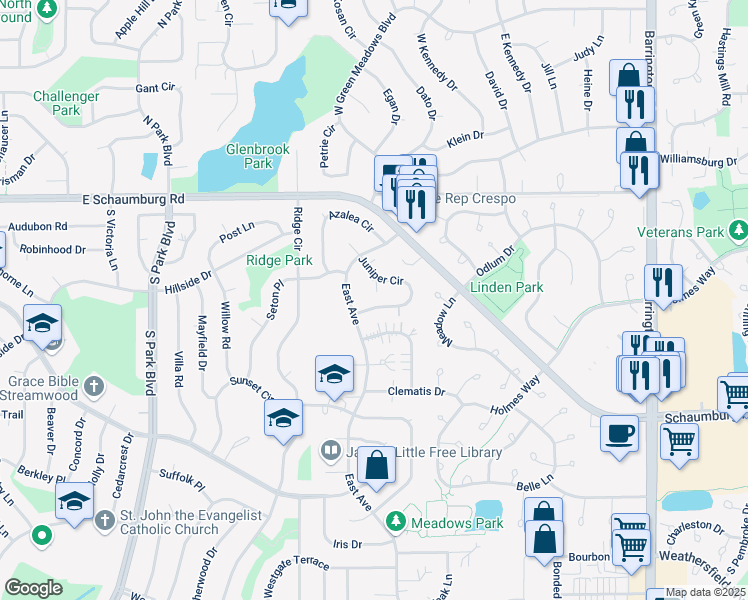 map of restaurants, bars, coffee shops, grocery stores, and more near 337 Juniper Circle in Streamwood