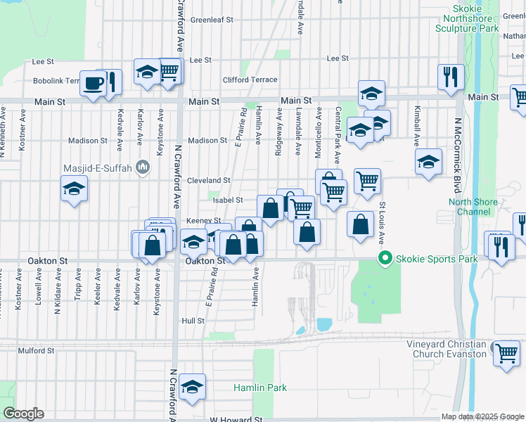 map of restaurants, bars, coffee shops, grocery stores, and more near 8111 Hamlin Avenue in Skokie