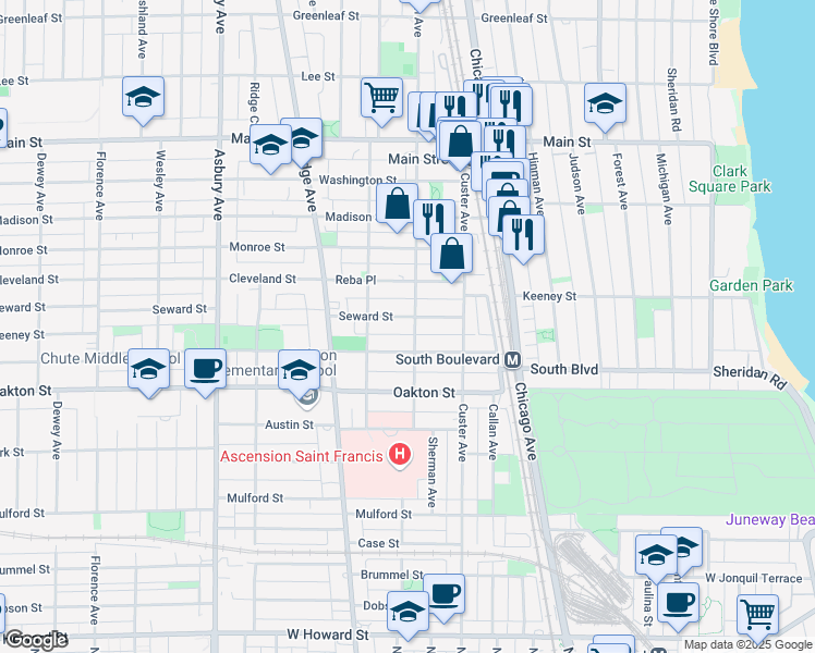 map of restaurants, bars, coffee shops, grocery stores, and more near 802 Seward Street in Evanston
