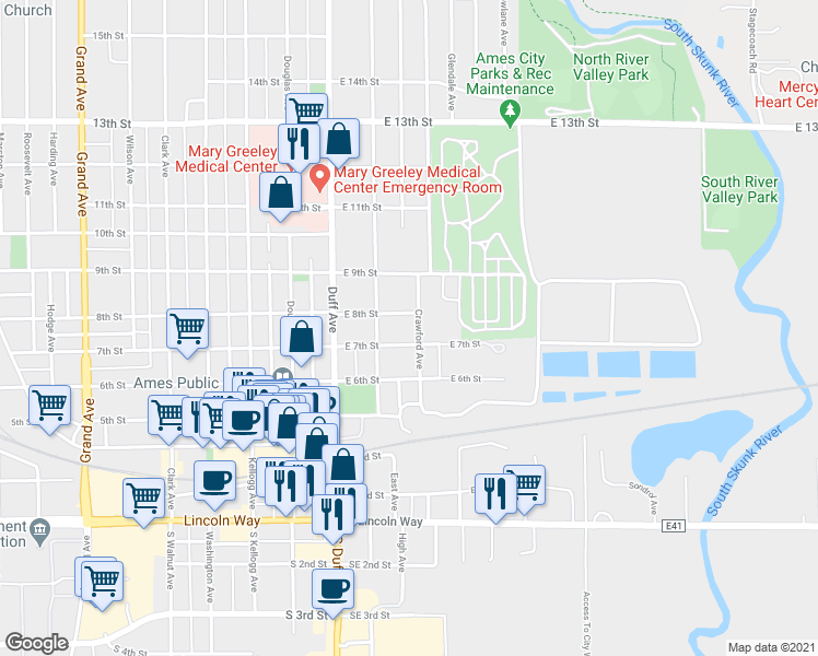 map of restaurants, bars, coffee shops, grocery stores, and more near 713 Crawford Avenue in Ames