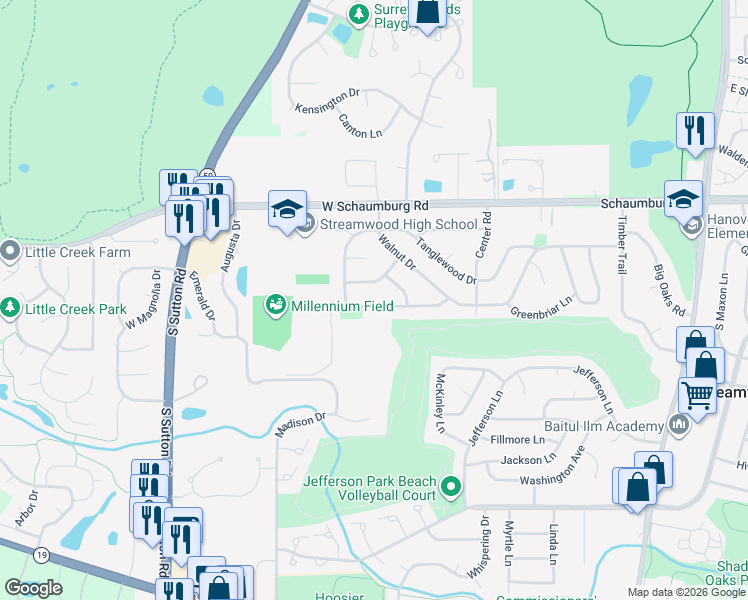 map of restaurants, bars, coffee shops, grocery stores, and more near 612 Deerfield Drive in Streamwood
