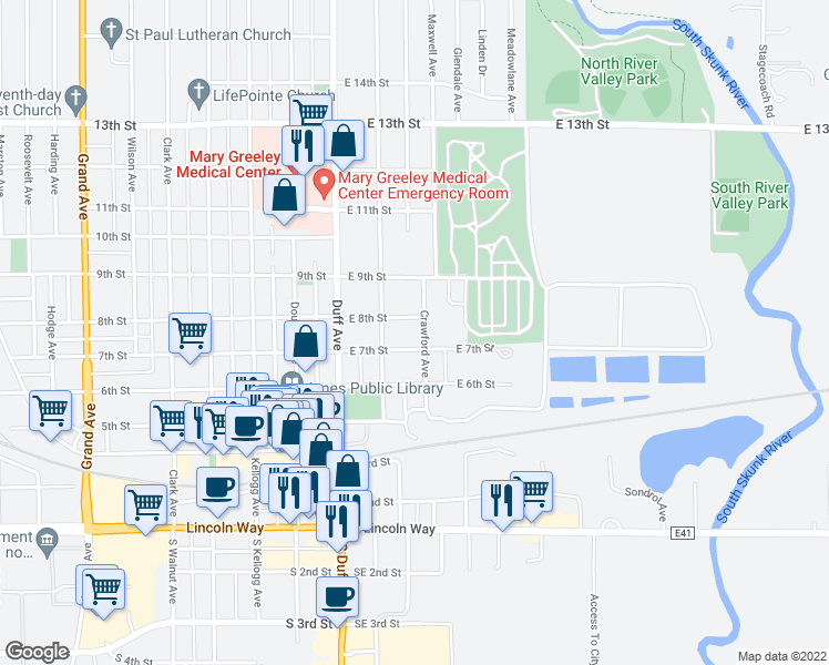 map of restaurants, bars, coffee shops, grocery stores, and more near 713 Crawford Avenue in Ames