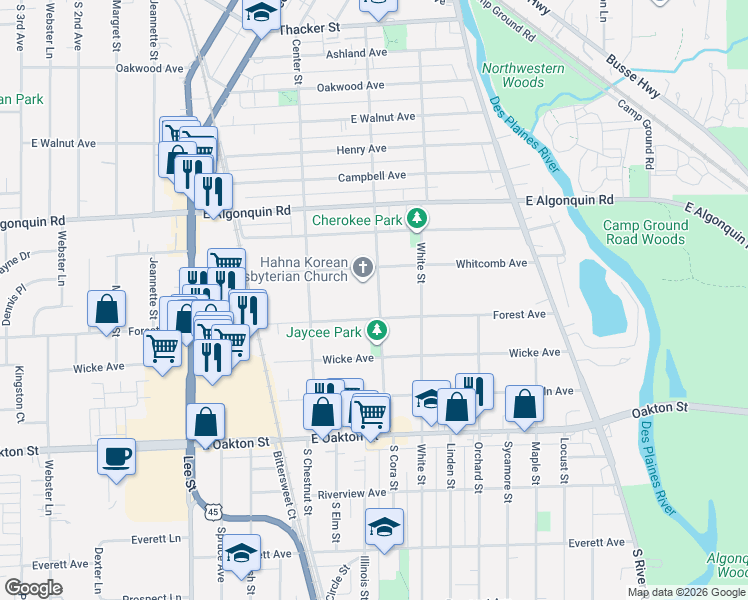 map of restaurants, bars, coffee shops, grocery stores, and more near 1362 South Cora Street in Des Plaines