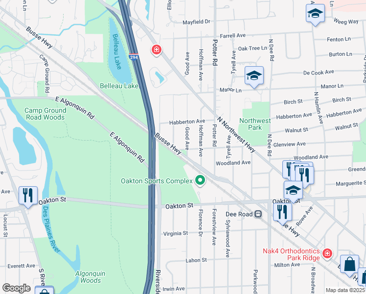 map of restaurants, bars, coffee shops, grocery stores, and more near 1200 Good Avenue in Park Ridge