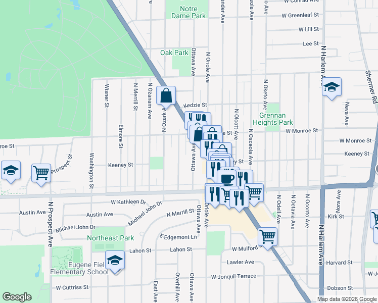 map of restaurants, bars, coffee shops, grocery stores, and more near 8122 Ottawa Avenue in Niles