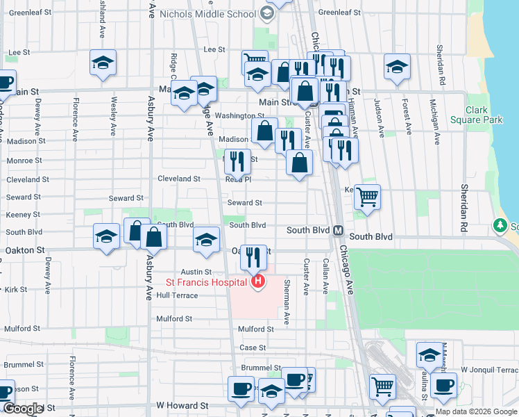 map of restaurants, bars, coffee shops, grocery stores, and more near 832 Seward Street in Evanston