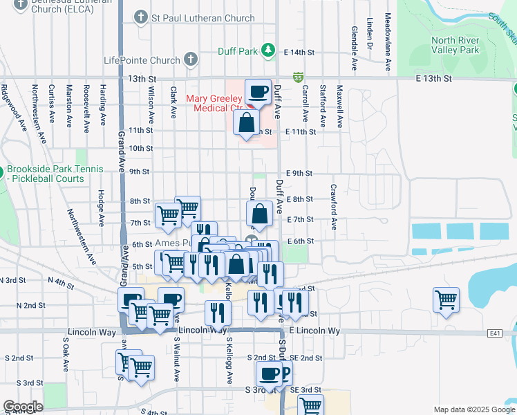 map of restaurants, bars, coffee shops, grocery stores, and more near 714 Douglas Avenue in Ames