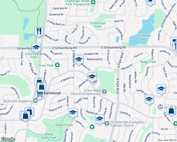 map of restaurants, bars, coffee shops, grocery stores, and more near 42 Hawthorne Lane in Streamwood