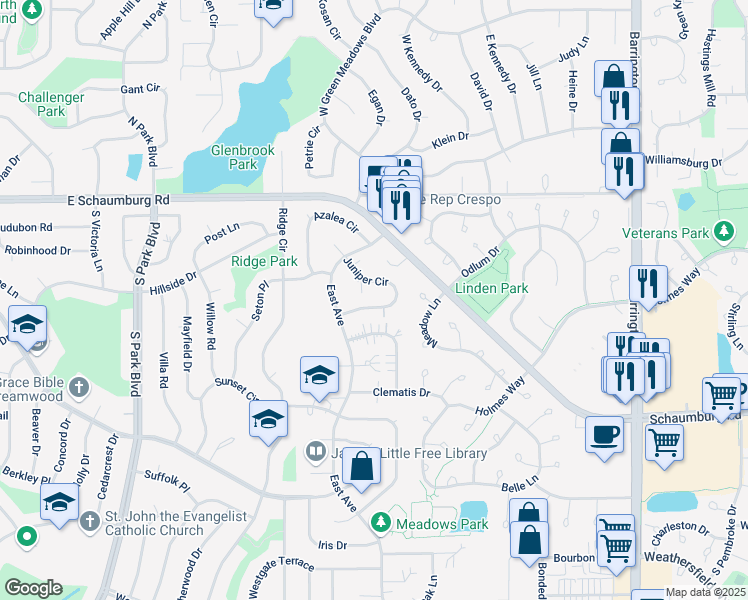 map of restaurants, bars, coffee shops, grocery stores, and more near 337 Juniper Circle in Streamwood
