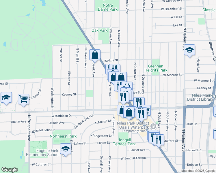 map of restaurants, bars, coffee shops, grocery stores, and more near 8122 Ottawa Avenue in Niles
