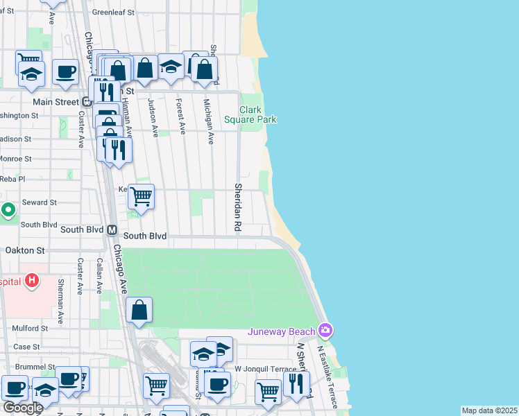 map of restaurants, bars, coffee shops, grocery stores, and more near 580 Sheridan Square in Evanston