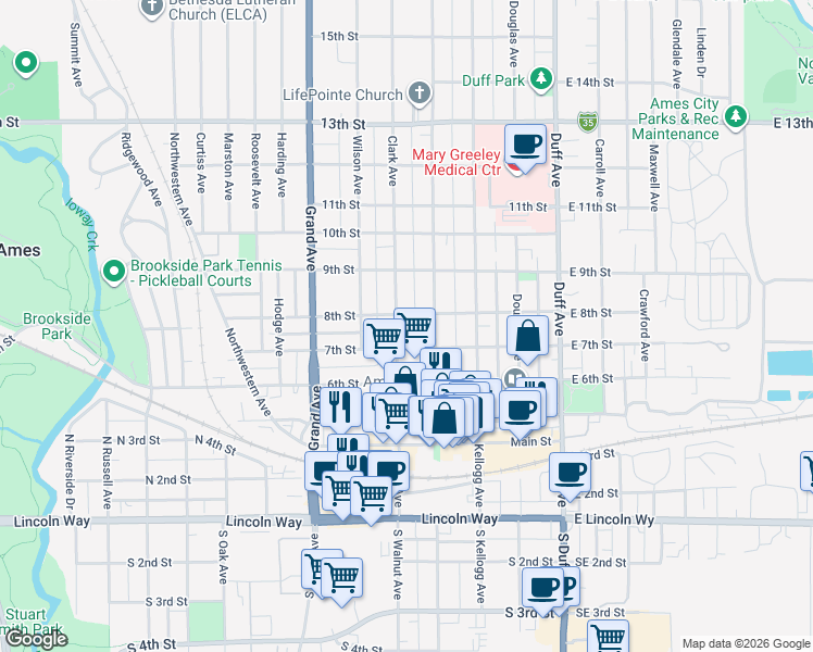 map of restaurants, bars, coffee shops, grocery stores, and more near 718 Clark Avenue in Ames