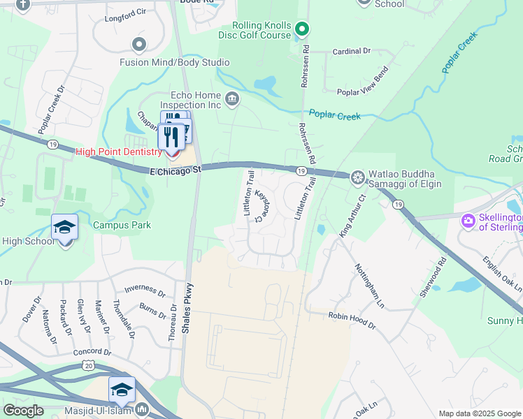 map of restaurants, bars, coffee shops, grocery stores, and more near 1501 Keystone Court in Elgin