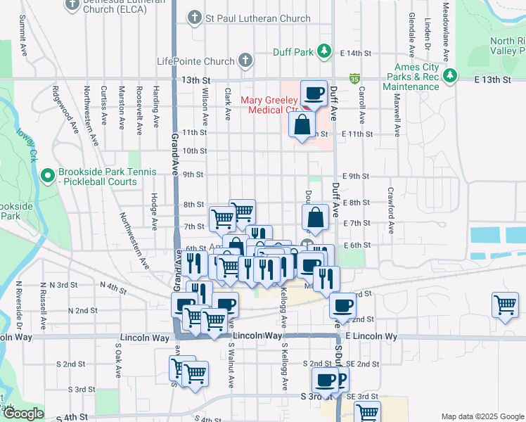 map of restaurants, bars, coffee shops, grocery stores, and more near 716 Burnett Avenue in Ames