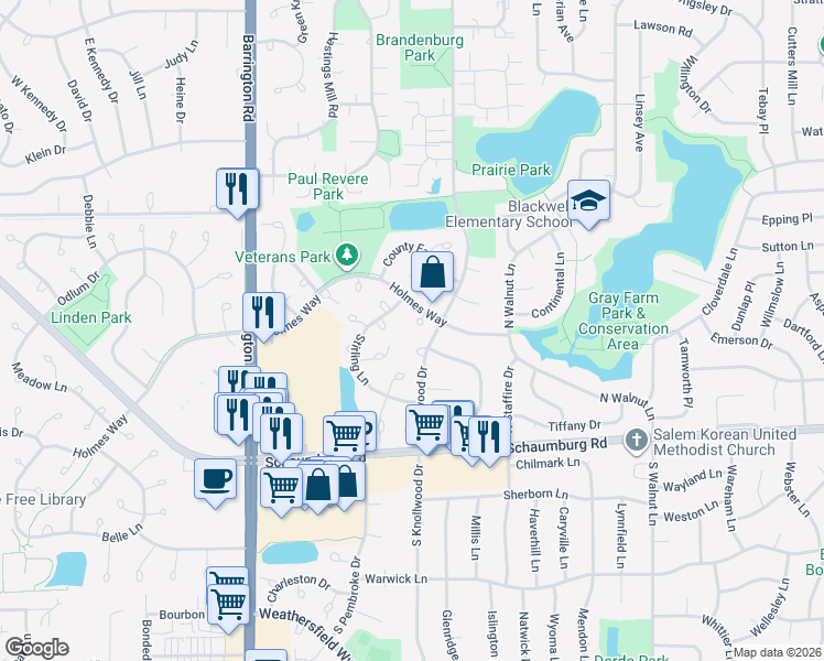 map of restaurants, bars, coffee shops, grocery stores, and more near 125 White Branch Court South in Schaumburg