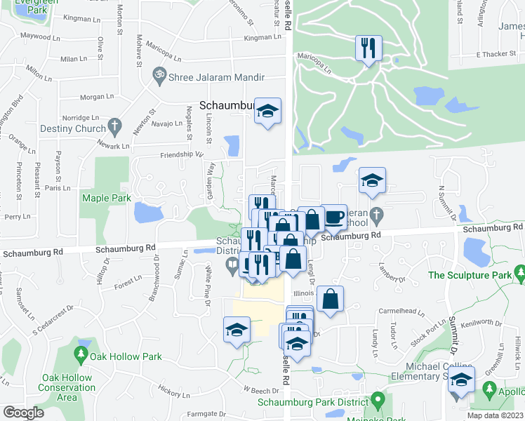 map of restaurants, bars, coffee shops, grocery stores, and more near 32 Dana Catherine Street in Schaumburg
