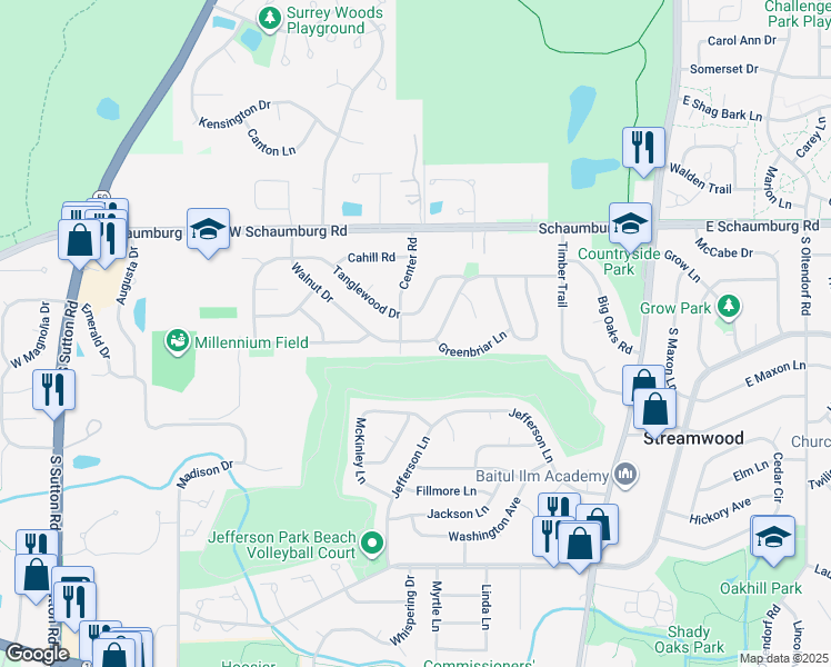 map of restaurants, bars, coffee shops, grocery stores, and more near 322 Walnut Drive in Streamwood