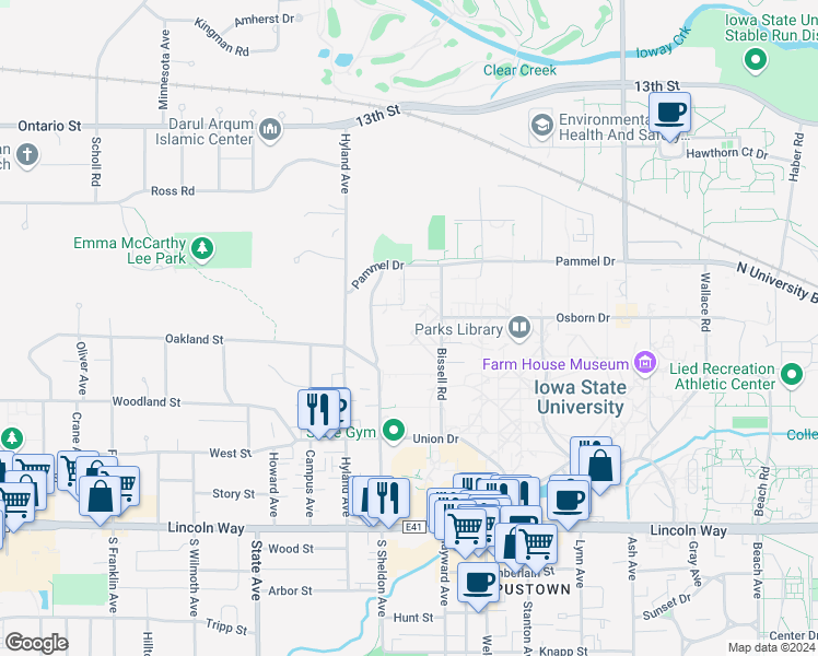 map of restaurants, bars, coffee shops, grocery stores, and more near 715 Bissell Road in Ames