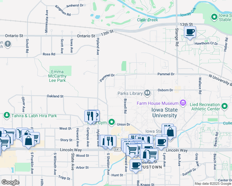 map of restaurants, bars, coffee shops, grocery stores, and more near 715 Bissell Road in Ames
