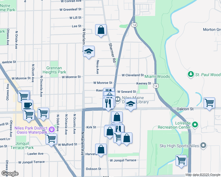 map of restaurants, bars, coffee shops, grocery stores, and more near 7022 West Keeney Street in Niles