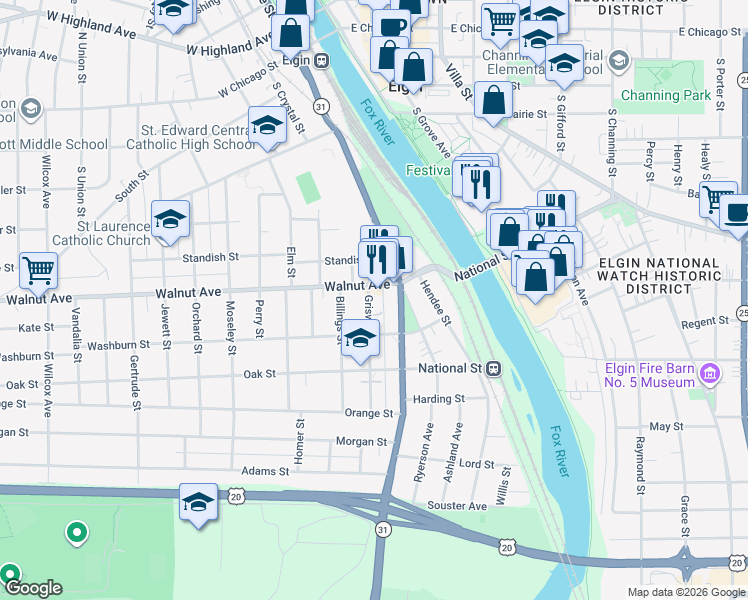 map of restaurants, bars, coffee shops, grocery stores, and more near 309 Griswold Street in Elgin