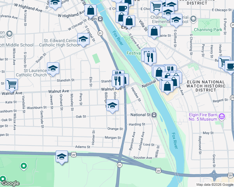 map of restaurants, bars, coffee shops, grocery stores, and more near 309 Griswold Street in Elgin