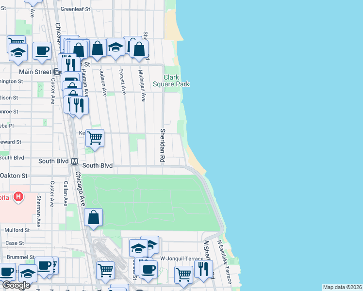 map of restaurants, bars, coffee shops, grocery stores, and more near 580 Sheridan Square in Evanston