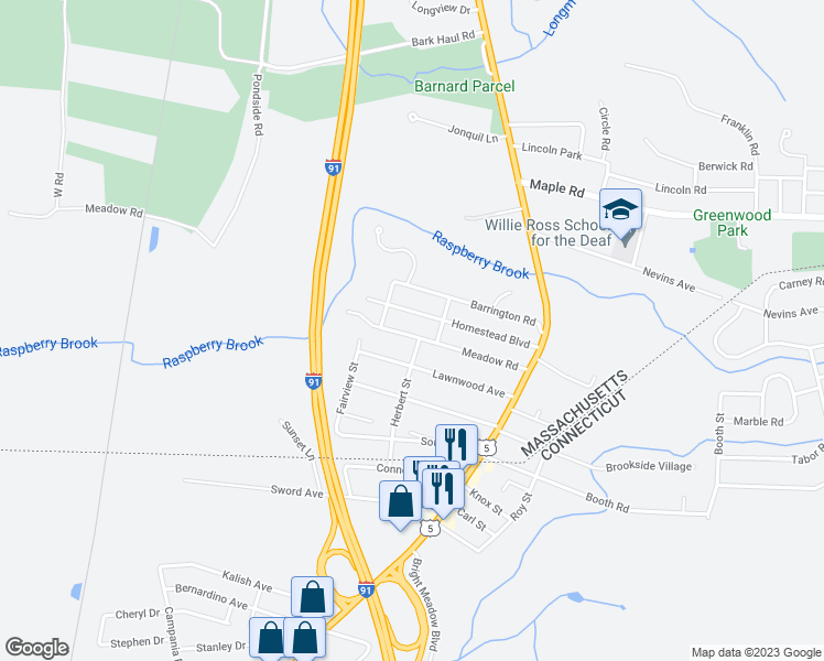map of restaurants, bars, coffee shops, grocery stores, and more near 126 Meadow Road in Longmeadow
